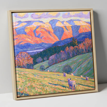Hawkshead Pastures in Radiant Light lake district village canvas wall art in natural frame