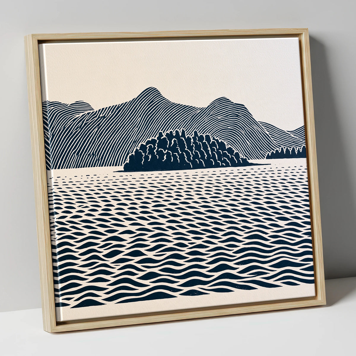 Derwentwater Island in Inky Blue lake district lake canvas wall art in natural frame