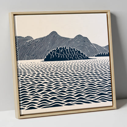 Derwentwater Island in Inky Blue lake district lake canvas wall art in natural frame