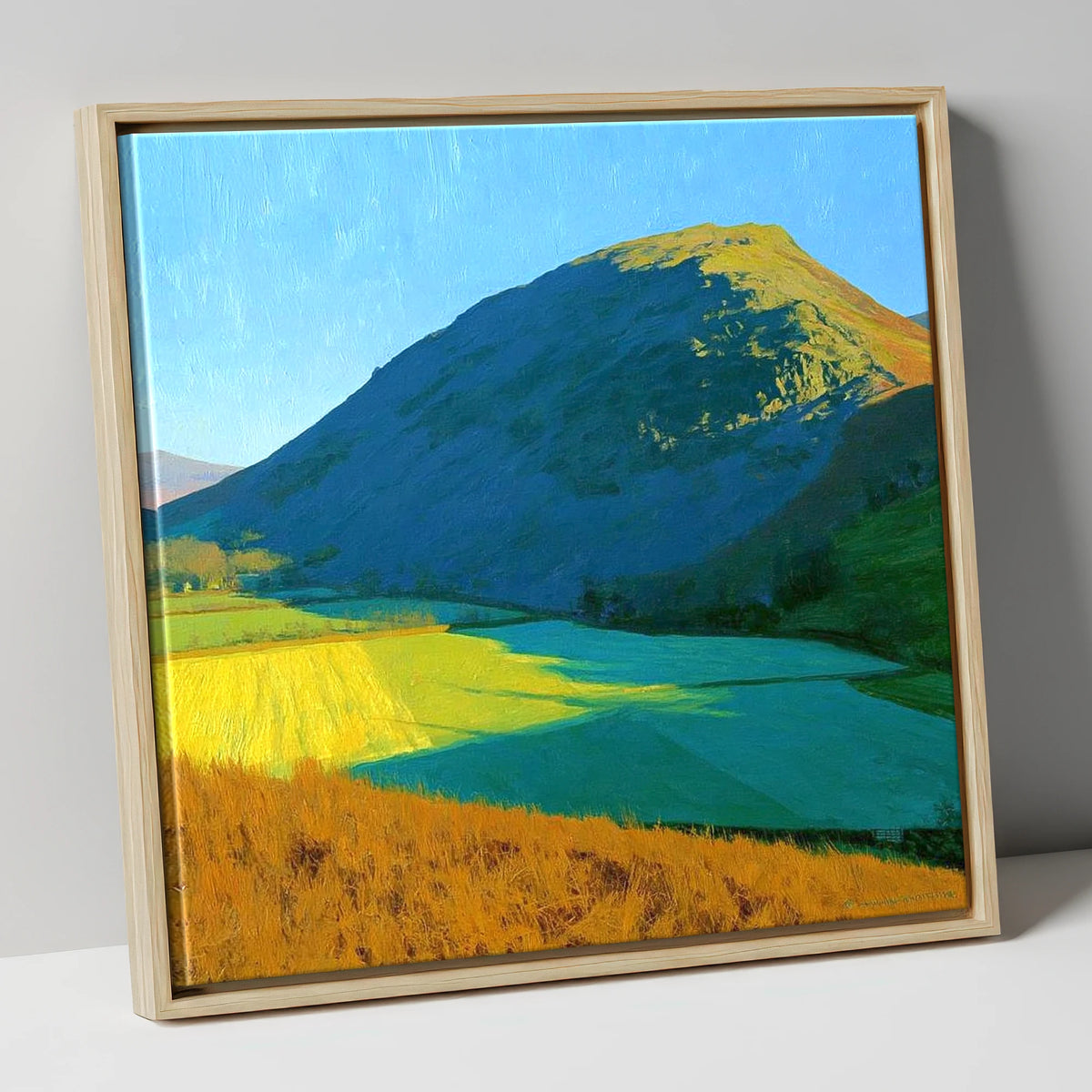 Sunlit Fields Below Low Fell lake district fell canvas wall art in natural frame