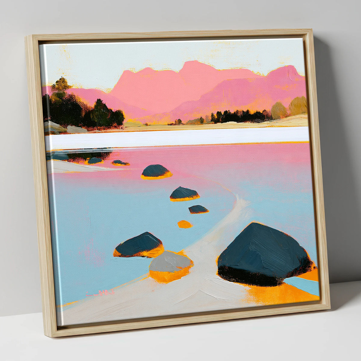 Elterwater Rocks and Pink Fells lake district lake canvas wall art in natural frame