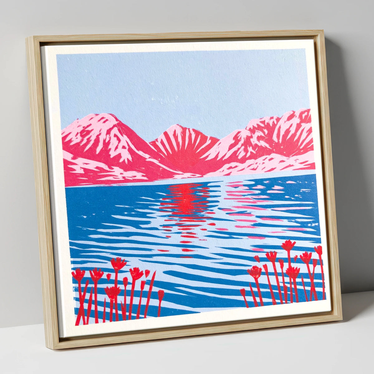 Vivid Fells Over Still Water lake district lake canvas wall art in natural frame