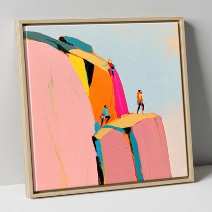 Vibrant Rock Climbers on Crag lake district walking canvas wall art in natural frame