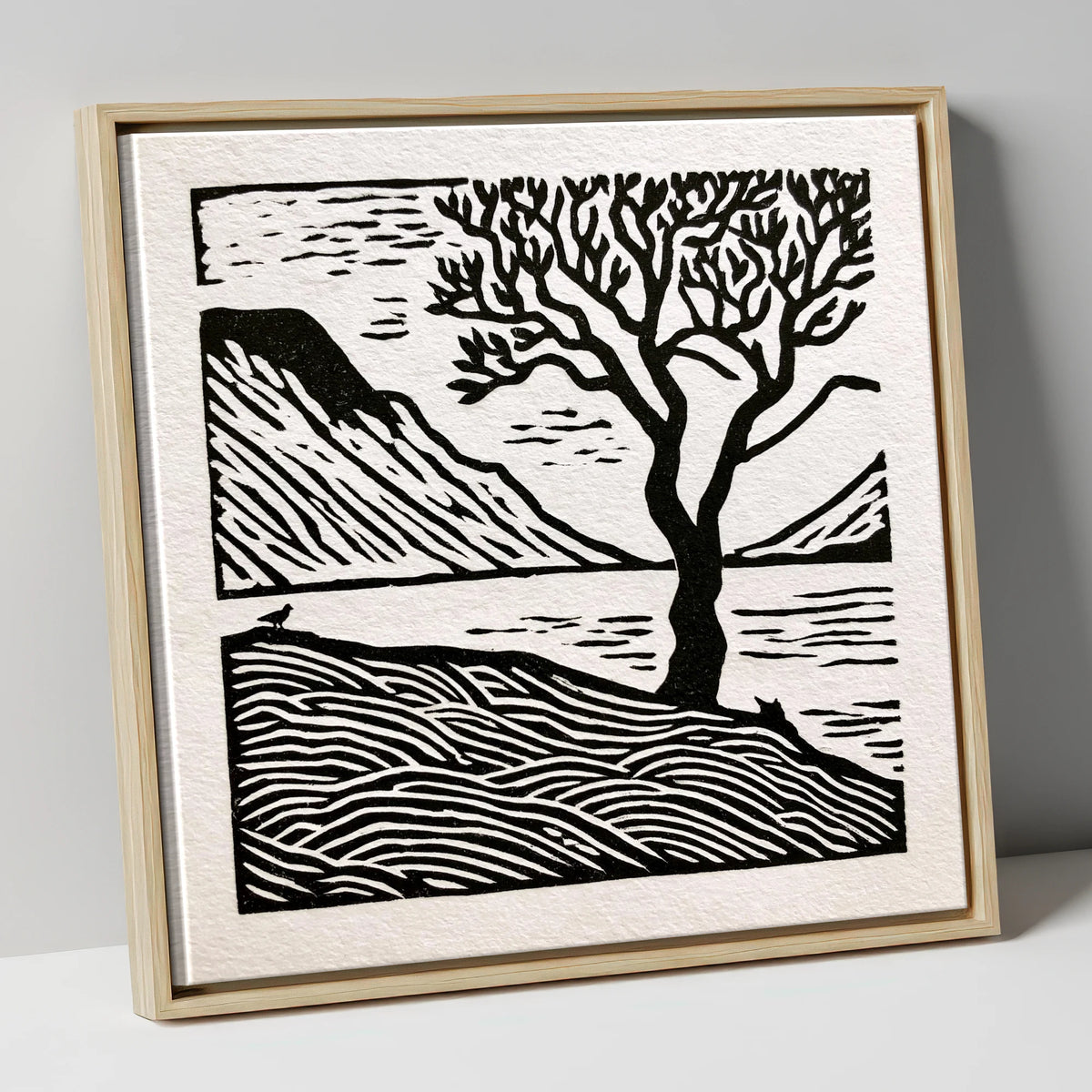 Monochrome Wasdale Fells and Tree lake district valley canvas wall art in natural frame