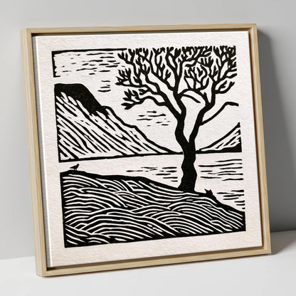 Monochrome Wasdale Fells and Tree lake district valley canvas wall art in natural frame