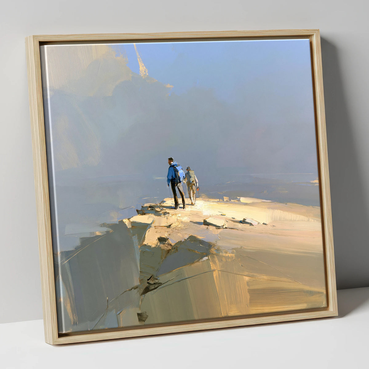 Hikers on Sunlit Fell Summit lake district fell canvas wall art in natural frame