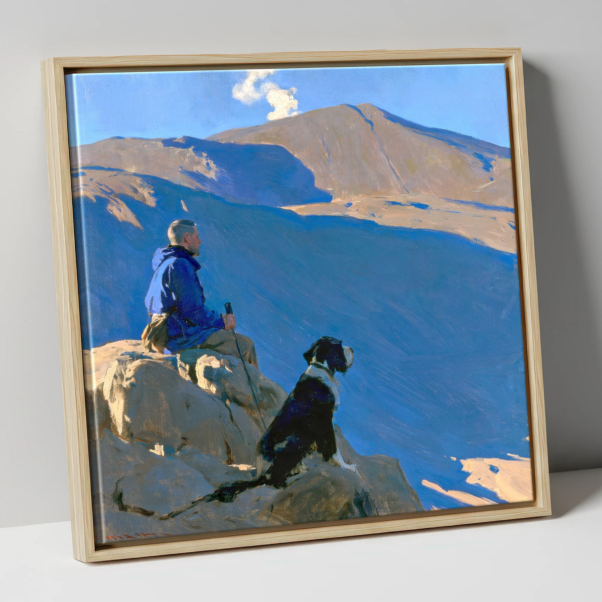 Sunlit Walker and Dog on Great Gable gifts for dog walkers canvas wall art in natural frame