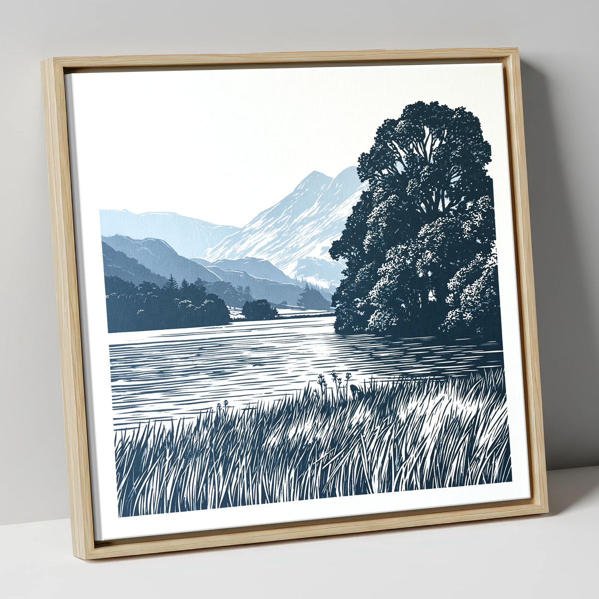 Grasmere Lake in Navy Blue lake district lake canvas wall art in natural frame
