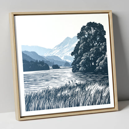 Grasmere Lake in Navy Blue lake district lake canvas wall art in natural frame