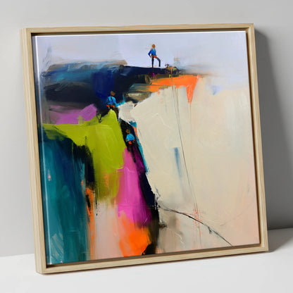 Abstract Climbers on a Crag lake district walking canvas wall art in natural frame