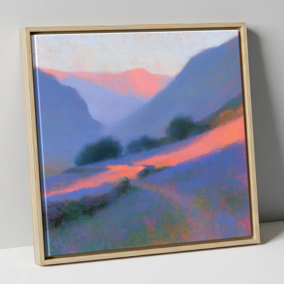 Pink Light Over Valley Drystone Wall lake district valley canvas wall art in natural frame
