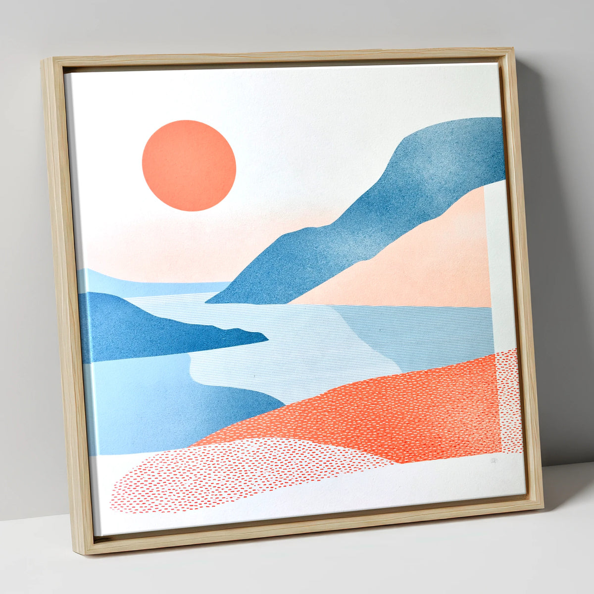 Ennerdale Valley in Coral and Blue lake district valley canvas wall art in natural frame