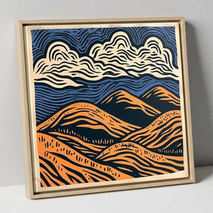 Navy and Orange Rolling Fells lake district fell canvas wall art in natural frame