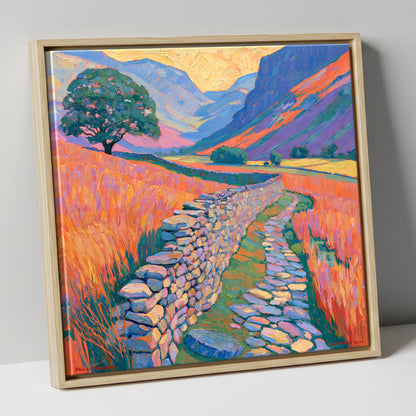 Drystone Wall Through Golden Valley lake district valley canvas wall art in natural frame