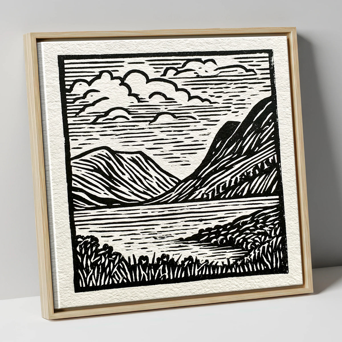 Graphic Fells of Crummock Water lake district lake canvas wall art in natural frame