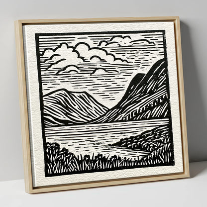 Graphic Fells of Crummock Water lake district lake canvas wall art in natural frame