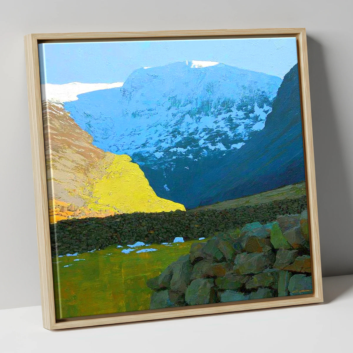 Winter Sunlight Over Seathwaite Fell lake district fell canvas wall art in natural frame