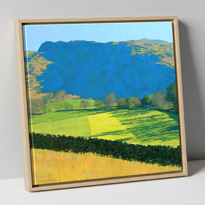Sunlit Fields Below Troutbeck Tongue lake district fell canvas wall art in natural frame