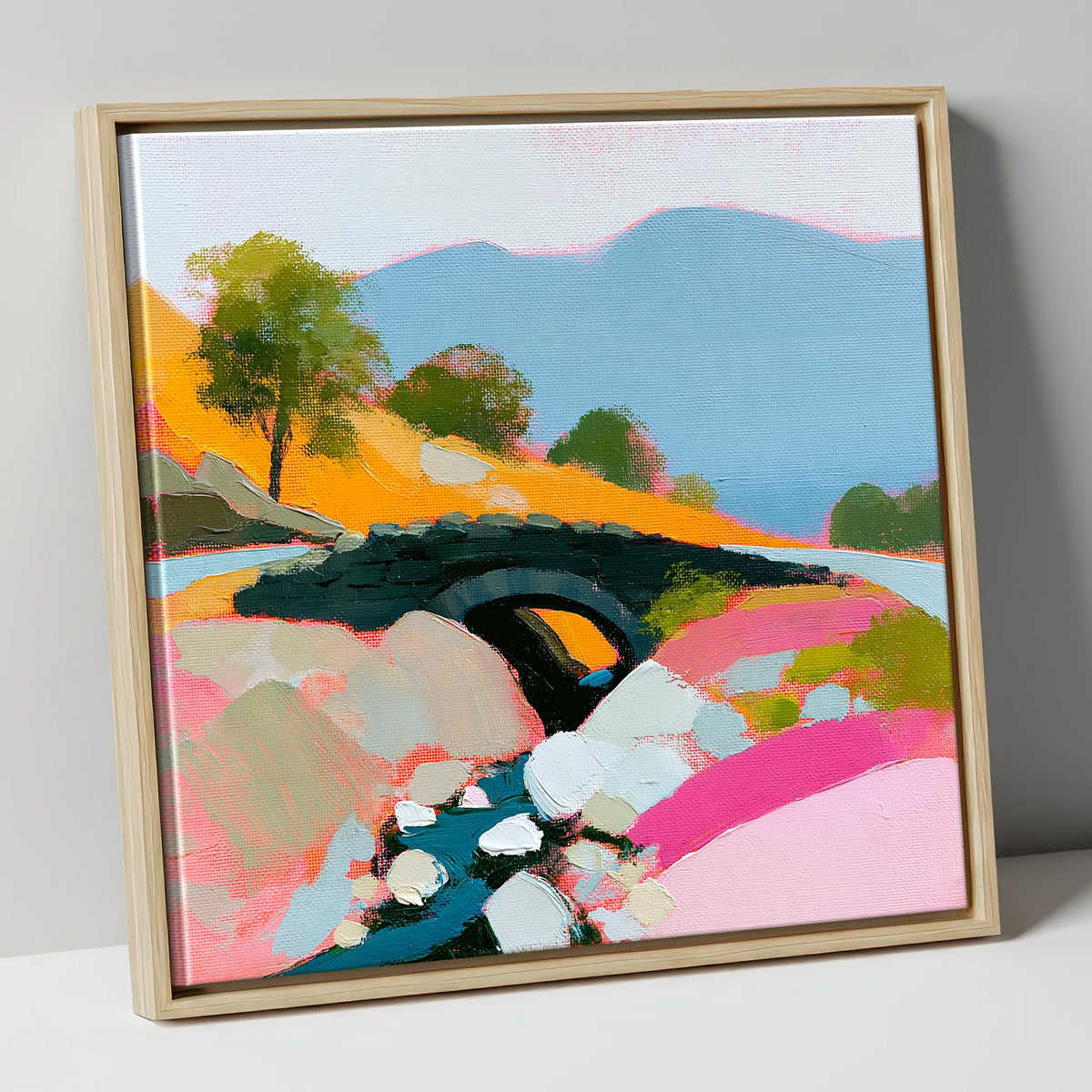 Vibrant Ashness Bridge Borrowdale lake district waterfall canvas wall art in natural frame