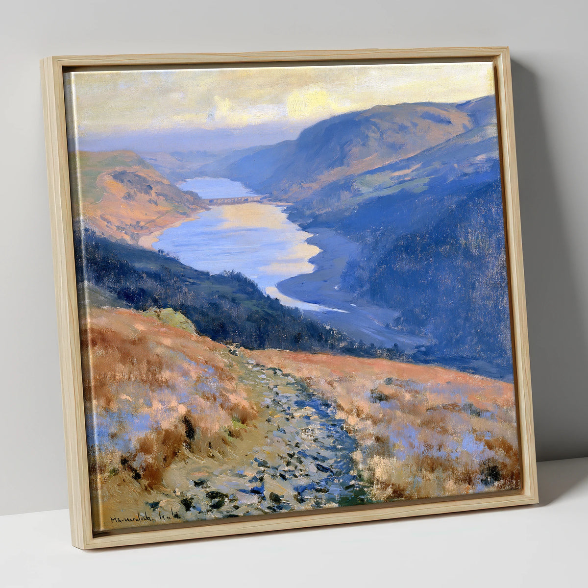 Sunlit Thirlmere from Helvellyn Path lake district lake canvas wall art in natural frame