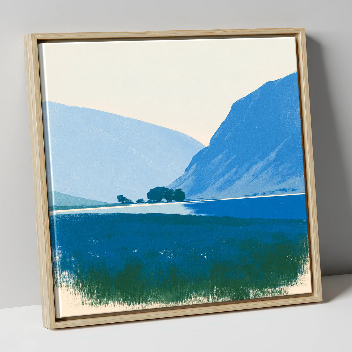 Blue Fells and Still Lake lake district lake canvas wall art in natural frame