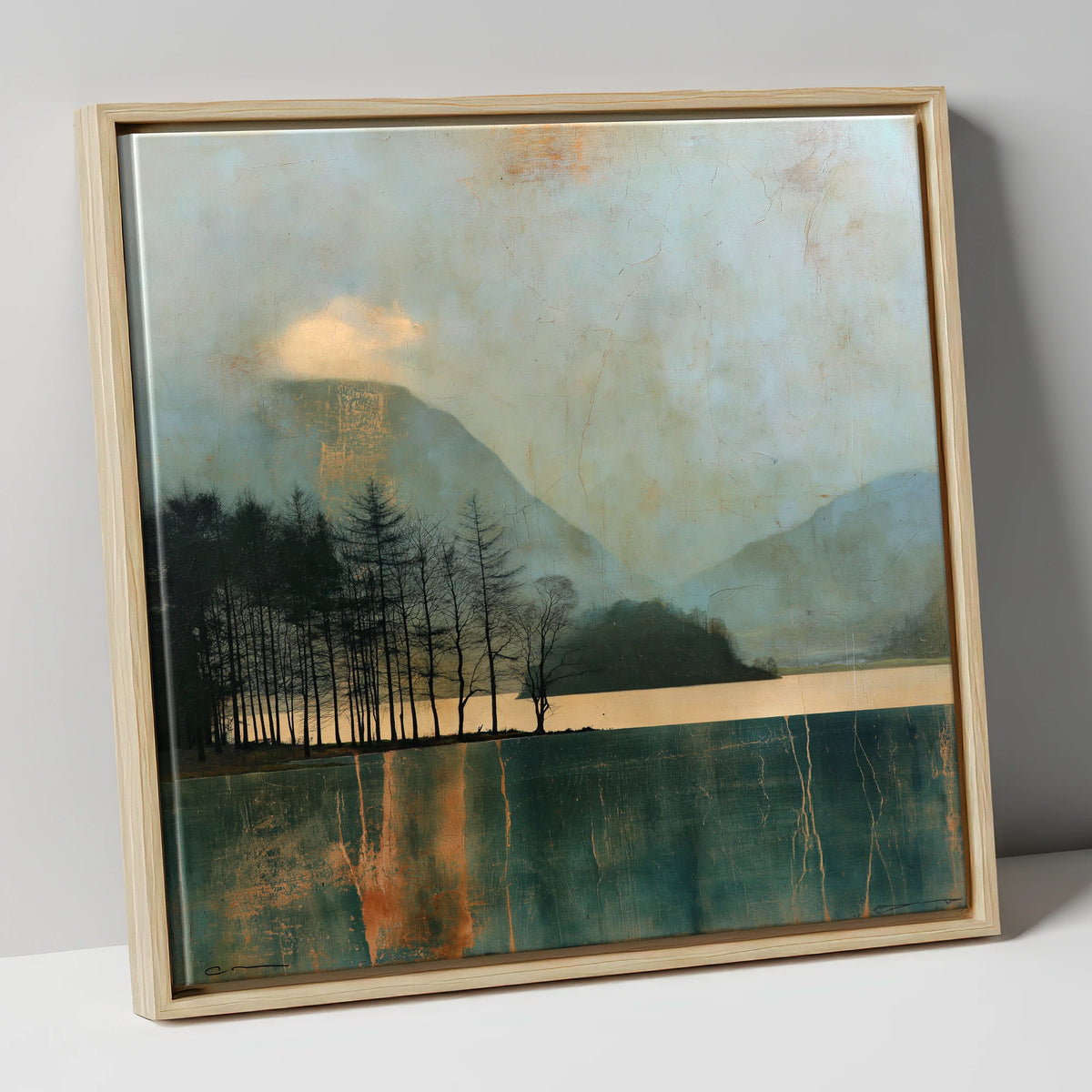 Grasmere Island in Teal and Gold lake district lake canvas wall art in natural frame