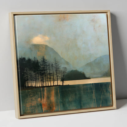 Grasmere Island in Teal and Gold lake district lake canvas wall art in natural frame