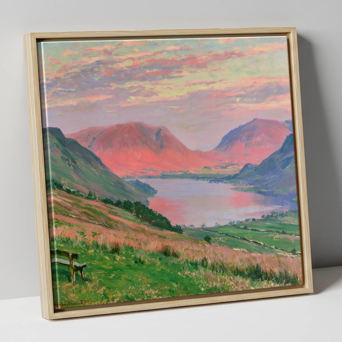 Loweswater Fells in Sunset Pink lake district lake canvas wall art in natural frame