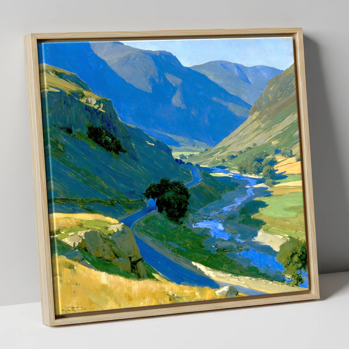 Cobalt Shadows on the Mountain Pass lake district valley canvas wall art in natural frame
