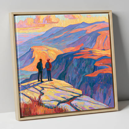 Hikers at Sunset on the Fells lake district fell canvas wall art in natural frame