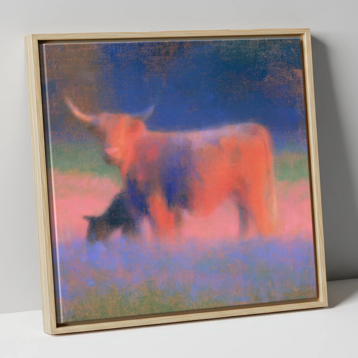 Highland Cattle in Twilight Haze lake district wildlife canvas wall art in natural frame