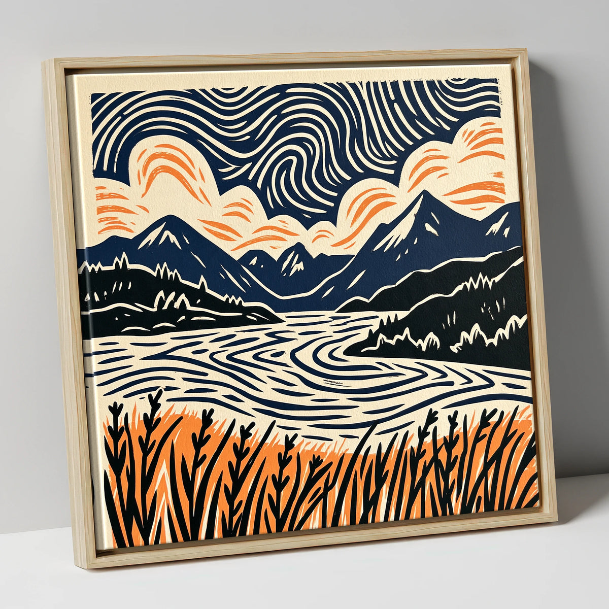 Coniston Water Under Swirling Skies lake district lake canvas wall art in natural frame