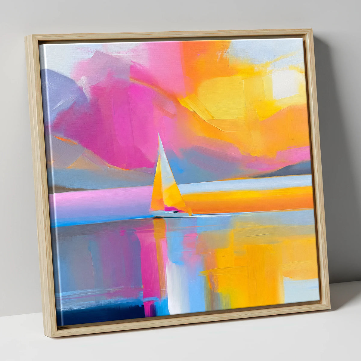 Vibrant Sailboat on the Lake lake district walking canvas wall art in natural frame