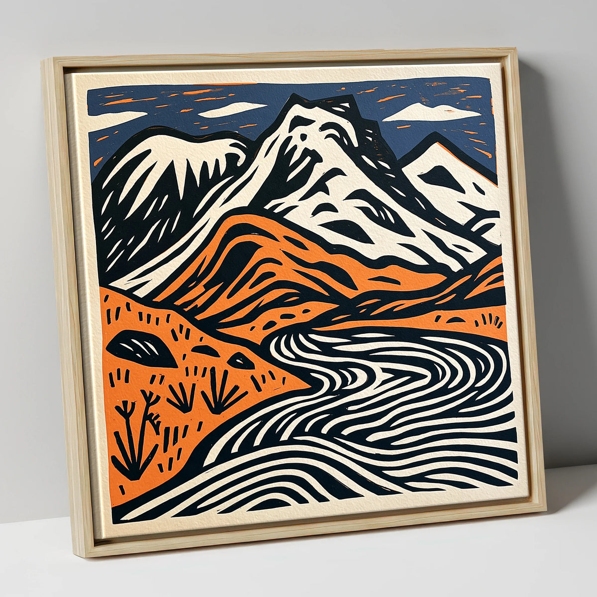Bowfell in Navy and Terracotta lake district fell canvas wall art in natural frame