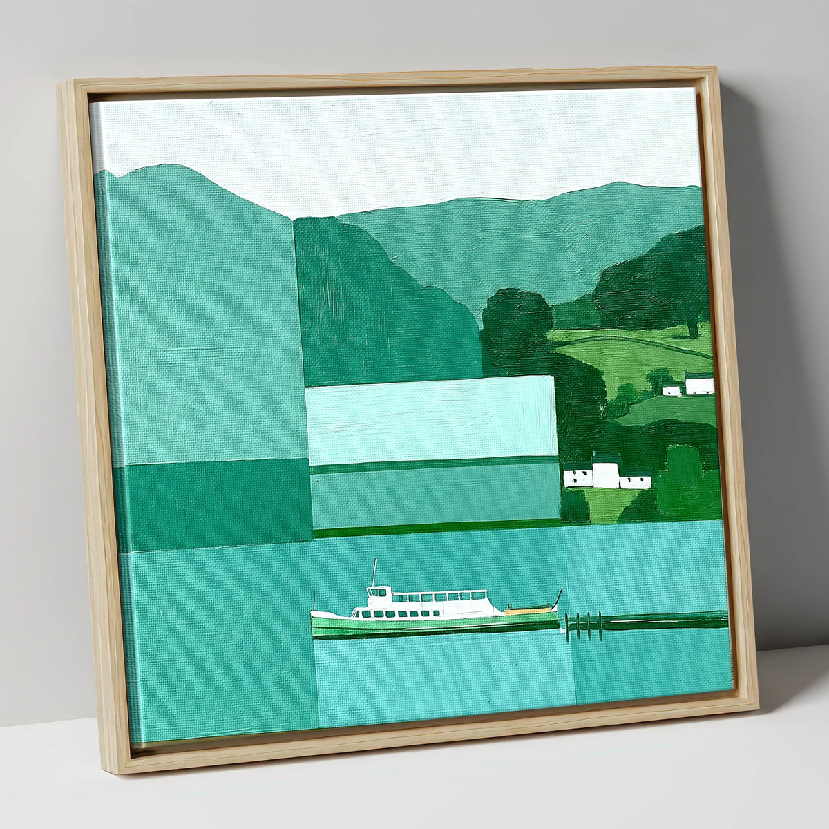 Geometric Ullswater Steamer at Glenridding lake district village canvas wall art in natural frame