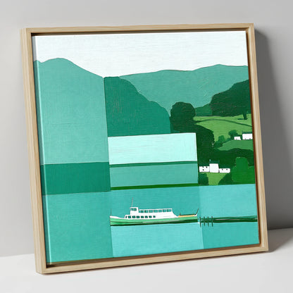 Geometric Ullswater Steamer at Glenridding lake district village canvas wall art in natural frame