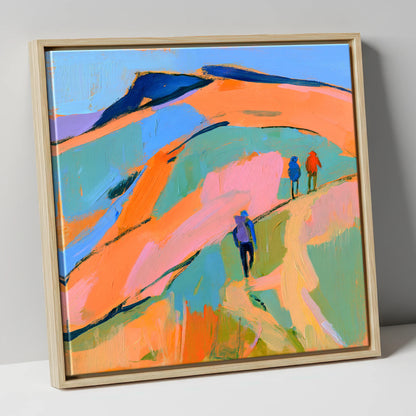 Orange and Blue Fell Hikers lake district fell canvas wall art in natural frame