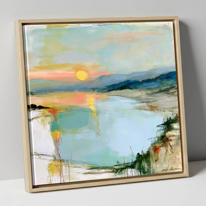 Lake Sunset in Peach and Mint lake district lake canvas wall art in natural frame