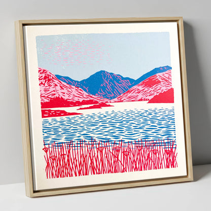 Vibrant Pink Fells and Lake lake district lake canvas wall art in natural frame
