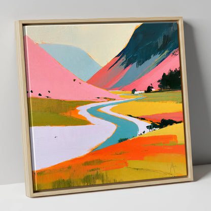Winding River Through Pink Fells lake district waterfall canvas wall art in natural frame