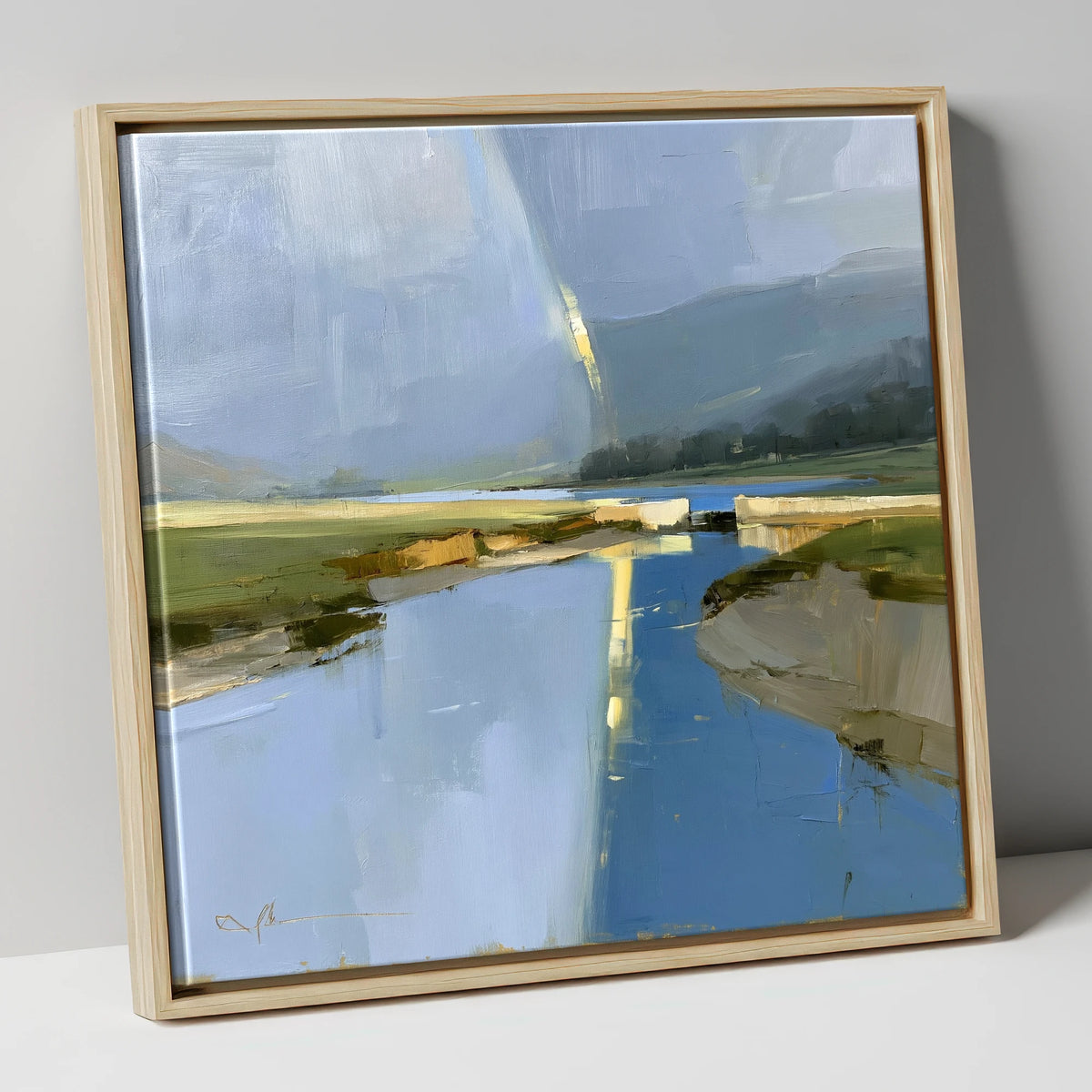 Golden Rainbow Over the River lake district sky canvas wall art in natural frame