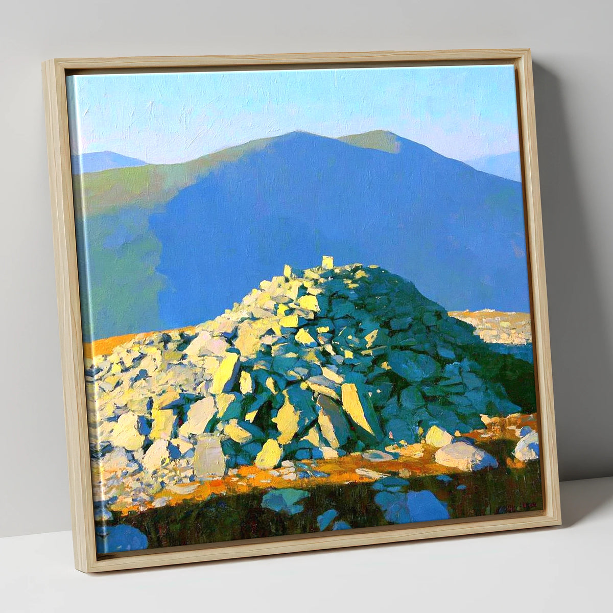 Sunlit Haycock Summit Cairn lake district fell canvas wall art in natural frame