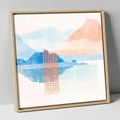 Geometric Derwentwater in Coral and Blue lake district lake canvas wall art in natural frame