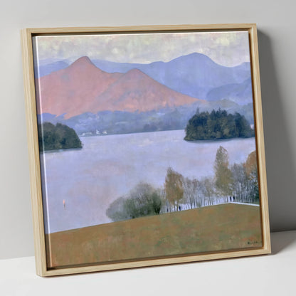 Derwentwater Dusk from Crow Park lake district village canvas wall art in natural frame