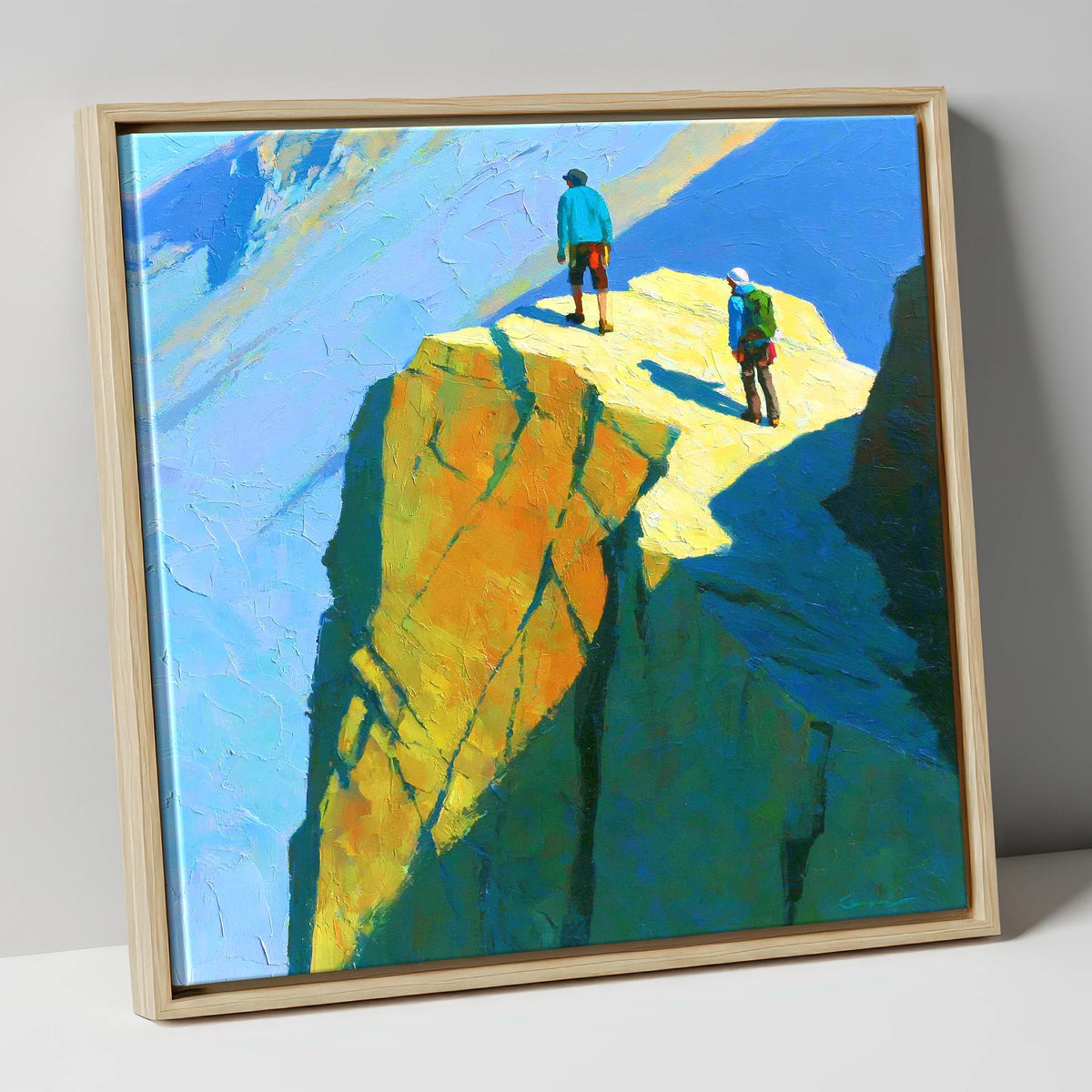 Mountaineers on Sunlit High Crags lake district walking canvas wall art in natural frame