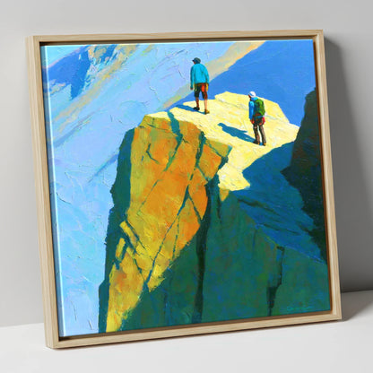 Mountaineers on Sunlit High Crags lake district walking canvas wall art in natural frame