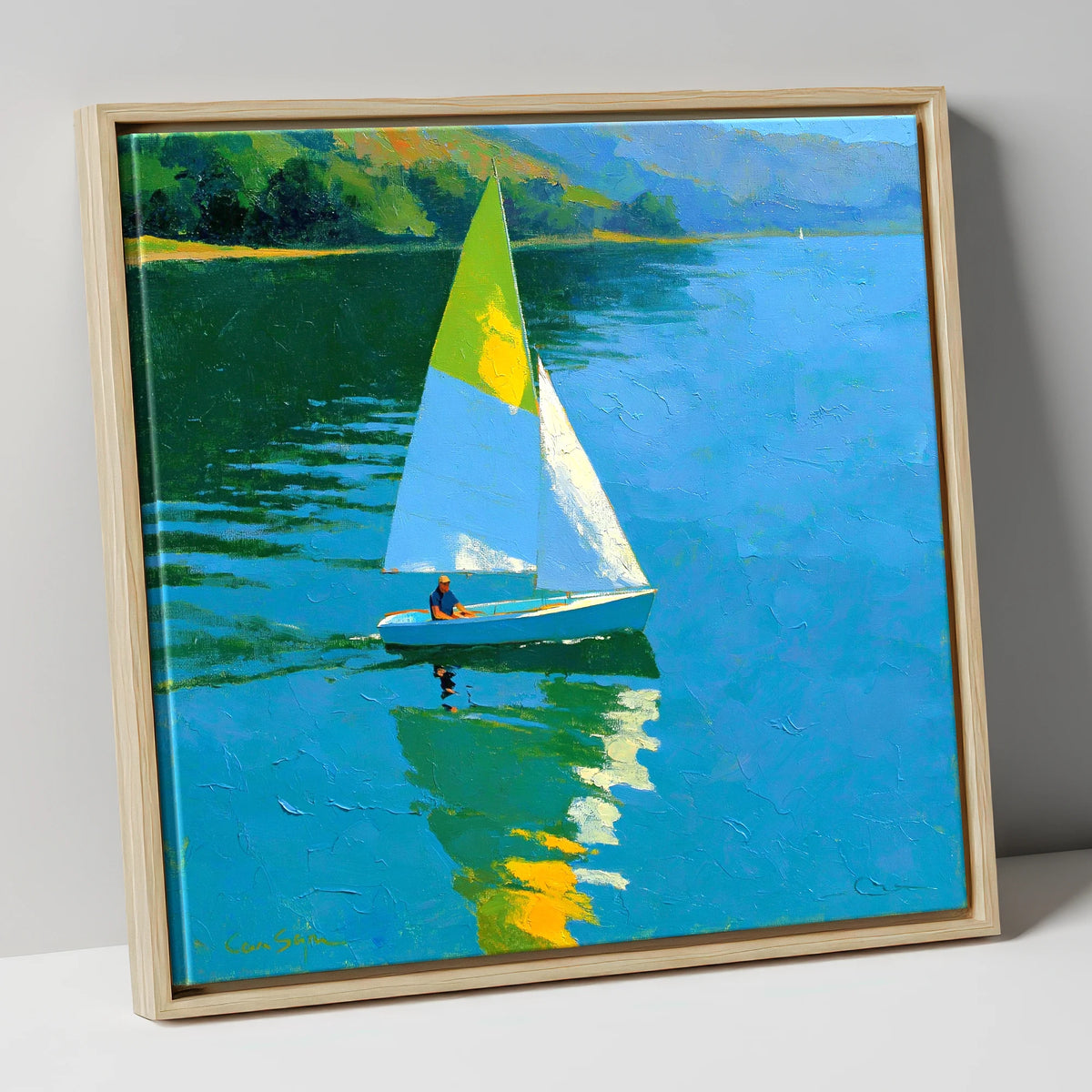 Blue Lake Sailing in Summer Light lake district walking canvas wall art in natural frame