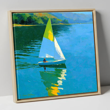 Blue Lake Sailing in Summer Light lake district walking canvas wall art in natural frame