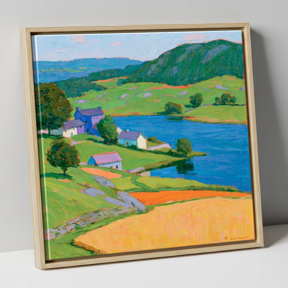Vibrant Village on the Lakeshore lake district village canvas wall art in natural frame