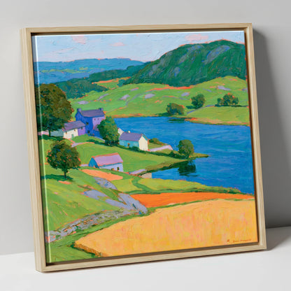 Vibrant Village on the Lakeshore lake district village canvas wall art in natural frame